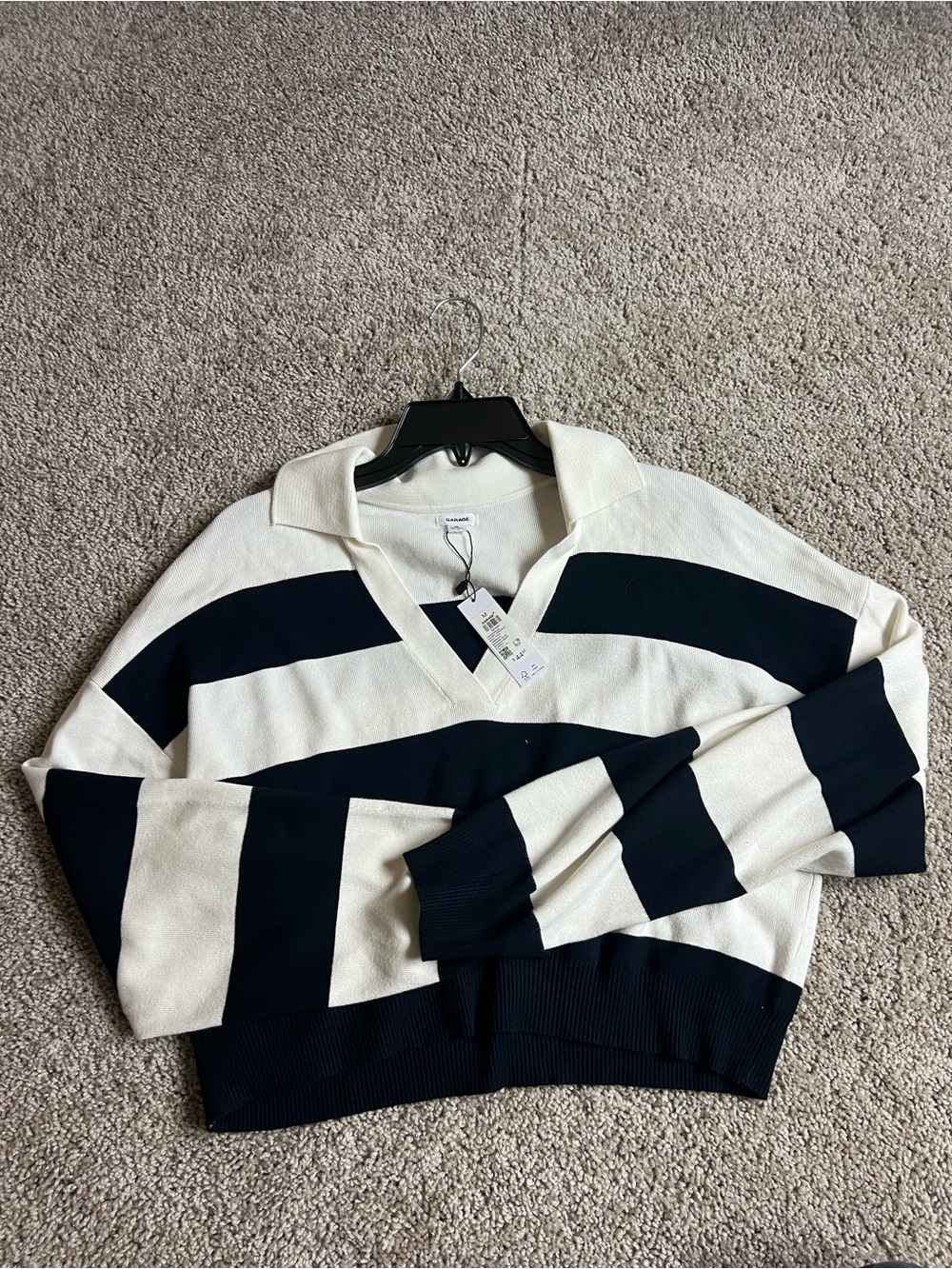 Garage Striped V-Neck Sweater - Cream & Black
